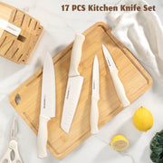 Astercook 17 Pieces Kitchen Knife Set, High Carbon German Stainless Steel Blades, Anti-Rust Coating, Built-in Sharpener, Ergonomic White Handles, Dishwasher Safe