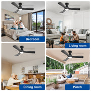 Depuley 42-Inch Low Profile Flush Mount Ceiling Fan with Dimmable LED Light, Black 3-Blade, Remote Control, Ultra Quiet DC Motor, Timer, Indoor Outdoor
