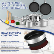 Vesteel 10-Piece Stainless Steel Pots and Pans Sets, Kitchen Cookware Set of 6