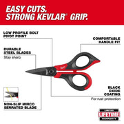 Milwaukee Electric Kevlar Shears, Compact Hand Shears with High Carbon Stainless Steel Micro-Serrated Blade, Ambidextrous Black/Red Handle, 48-22-3017