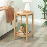 Mainstays Round Modern Dowel End Table with Two Open Shelves, Natural Teak Finish, Wood Composite, 18 in