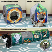 SportPet Designs Kitty City Safari Jungle Cat Play Set, Collapsible 3-Piece Combo with Lion Cube, Tiger Hideout, Safari Tunnel
