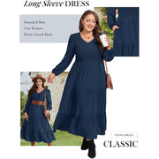 Astlbim Women Plus Size Blue A-Line Dress, Long 3/4 Sleeve, V Neck, Elastic High Waist, Tiered Maxi with Pockets 2026