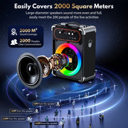 JYX S68-WM-ZLX Karaoke Machine, Portable Bluetooth Speaker System with 2 UHF Wireless Microphones, 6.5-Inch Subwoofer, DJ Lights, Reverb Adjustment, 24-Hour Battery, Black