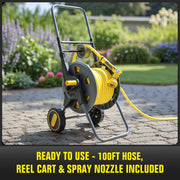Hortem Garden Hose Reel Cart with 100FT Rubber Hose, 6FT Leader Hose, Adjustable 10-Pattern Sprayer Nozzle, Durable Metal Frame, Smooth-Rolling Wheels
