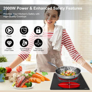 TYEMUI 2 Burner Electric Cooktop, Portable 2000W Infrared, 12in Ceramic Glass, Built-In or Countertop, 110v