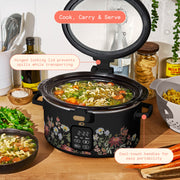 Made By Gather 29281 Beautiful 4 Qt Digital Slow Cooker with Spill-Proof Hinged Locking Lid, Touch Display, Matte Steel Housing, Wildflower Black