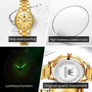 OLEVS 5567 Ladies Quartz Wrist Watch, Two-Tone Gold Plated Stainless Steel, Analog Quartz Movement, Digital Date Display, Luminous Hands, Waterproof