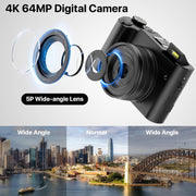 Brewene 4K Digital Camera, 64MP Ultra-High-Definition, Dual Lens with 16x Optical Zoom, Autofocus, 3-Inch IPS HD Screen, 32GB SD Card, Dual Rechargeable Batteries