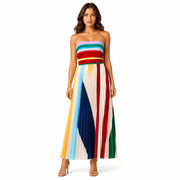 Veyora Apparel Women's Strapless Colorblock Pleated Maxi Dress, Rainbow Smocked Tube Top, Sleeveless Summer Dress