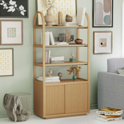 Beautiful WL-BT-006 Fluted 3-Shelf Bookcase with Storage Cabinet by Drew Barrymore, Warm Honey Finish