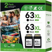Kingjet 63XL Black Ink Cartridge Compatible for HP 63 Black Ink for HP Ink 63 63XL (2 Pack) - Eco-Friendly