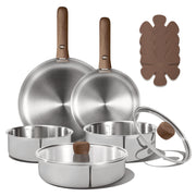Carote 13-Piece Tri-Ply Stainless Steel Cookware Set with Detachable Wood-Grain Handles, Induction Compatible, Silver
