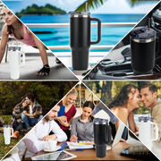 Binsuca 40 oz Travel Mug with Handle, Straw Lid, Double Wall Vacuum Insulated Stainless Steel, Leopard Print Black and White