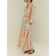 Haimao Tong Women Boho Print Maxi Shirt Dress, Long Sleeve, Belted Waist, Casual Vacation Style