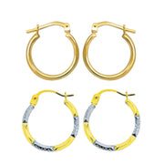 Brilliance Fine Jewelry 14K Gold Plated Sterling Silver Two-Tone Diamond Cut Hoop Earrings Set, 2 Pairs, Glossy Round Hollow Design, Yellow, GZM9-14KGP