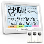 Newentor Weather Station Q50 Wireless Indoor Outdoor Thermometer with 3 Sensors, 6-Inch Display, Atomic Clock, Dual Alarms, Barometric Forecast