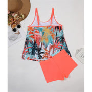 Astlbim Plus Size Two-Piece Bikini Set, Tropical Palm Print Tankini Top with Neon Orange Trim, 2XL