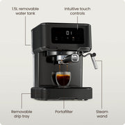 Chefman CraftBrew Espresso Machine, 15-Bar Pump, Digital Touch Controls, Steam Wand, 1.5L Removable Water Tank, Black Stainless Steel, RJ54-SS-15-D-BLK
