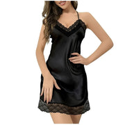 Jgppe Womens Ice Silk Nightgown Lace Trim Comfy, Black, L