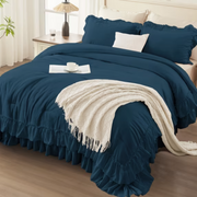 ANGENIA Full Size Comforter Set, Soft Washed Microfiber, Navy Blue, 3 Pieces with Ruffle Fringe