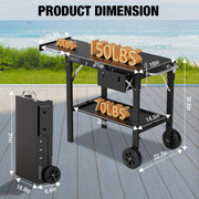 PARGRILL Two-Shelf Folding Grill Cart Table, Heavy-Duty Carbon Steel, Rust-Resistant, Pull-Out Side Table, Large Wheels, Compatible with 17