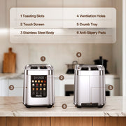 Mecity Touch Screen Toaster, 2 Slice, 5 Browning Levels, 8 Bread Programs, Automatic Lift, Keep Warm Function, Stainless Steel, 1200W