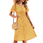 UVN Summer Dress for Women, A-Line Midi, V-Neck Wrap, Ruffle Short Sleeve, Boho Floral Print, Yellow