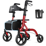 Cosywill Rollator Walker with Seat, Foldable, 10-Inch EVA Wheels, Adjustable Height, Removable Back Support, 300 lb Capacity, Red
