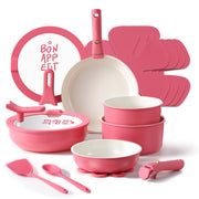 Carote A13987 18 Pcs Ceramic Nonstick Cookware Set, Pots and Pans with Detachable Handles, Rose Pink