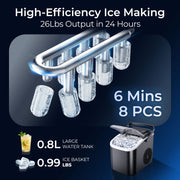 Simzlife Countertop Ice Maker, Fast 8 Bullet-Shaped Cubes in 6 Minutes, 26 lb Daily Capacity, Self-Cleaning, Two Ice Sizes, Black
