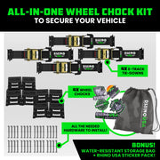 Rhino USA Wheel Chock Tie Down Kit, Heavy-Duty Over-the-Tire Design, Fits Tires Up to 35 in, Includes 4 Tire Ratchet Straps and 8 Wheel Chocks, Black, CHOCKSET