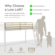 Furniture of America Twin Kids Junior Loft Bed with Full-Length Guardrails, Angled Ladder, White and Gold Two-Tone Metal Frame, 49-Inch High EC-BTS1249-W