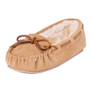 Minnetonka Cally Women's Slipper, Cinnamon Suede, Faux Fur Lined, Moccasin Toe, Leather Tie, Thin Rubber Outsole, Size 9