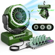 Fimilo Portable Camping Fan with Light, 20000mAh Rechargeable Battery, 100 Speeds, Remote Control, Timer, 180 Oscillation, Hook for Outdoor Tent and Travel, T11