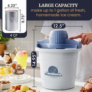 Elite Gourmet Electric Ice Cream Maker, 4Qt Capacity, 50W Motor, Aluminum Freezing Canister, Periwinkle, EIM350