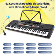 OUTGOO Kids Keyboard Piano, Portable 61-Key Electronic Digital Piano with Built-in Dual Speakers, Microphone, Music Stand, Rechargeable, Black, M9126