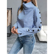 Elegantia Goods Blue Striped Button-Down Shirt for Women, Lightweight Polyester, Long Sleeve, Funnel Neck, Loose Fit