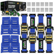 Rhino USA Wheel Chock Tie Down Kit, Heavy-Duty Over-the-Tire Design, 4 Ratchet Straps 4500lb Break Strength, 8 Wheel Chocks, Blue
