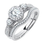 JeenMata 2 Carat Moissanite Round Cut Bridal Wedding Ring Set, Vintage-Inspired Halo Design, 18K White Gold Plated