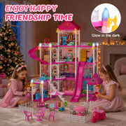 MOJINO Pink 12-Room 4-Story Dollhouse Playset with Furniture, Dolls Figures, Colorful LED Lights, Slide and Pool for Girls Ages 3+