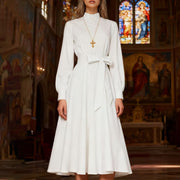 FYEGRE Clergy Dress for Women, Long Sleeve A-Line Maxi Dress with Stand Collar and Belt, White, Size S