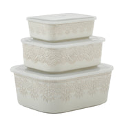 Pioneer Woman Vintage Lace 6-Piece Nesting Rectangular Stoneware Casserole Baking Dish Set with Snap-Shut Lids, Linen