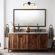 Reagan Bathroom Vanity Light Fixture, Triple Mouth-Blown Glass Globes, Matte Black Steel Frame, Dimmable, Damp Rated, 22 in
