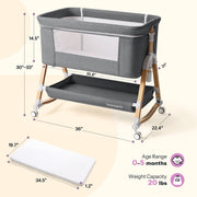 HARPPA 3-in-1 Baby Bassinet Bedside Sleeper with Adjustable Height, Breathable Mesh Sides, Mosquito Net, Storage Basket, Gray, XYT607