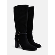 Scenario Women's Buckle Tall Dress Boots, Black, Knee-High, Mid 3.11-Inch Block Heel, Zip Closure