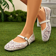 Haimao Tong Women Lace Mary Jane Flats, Breathable Mesh, Adjustable Buckle Strap, White, 1-Inch Platform Heel
