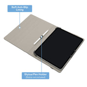 Onn Universal Tablet Folio Case with Adjustable Corners, Multiple Viewing Angles, Stylus Holder, Black Woven Soft Shell for 12 to 13 Inch Tablets