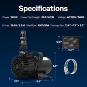 SPECSTAR 220W Submersible Pond Pump, 4500 GPH Flow Rate, 180 Adjustable Nozzle, Barrier Bag, Durable ABS Housing, VH1740US