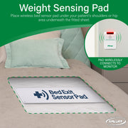 Smart Caregiver Cordless Bed Exit Monitoring System Alarm with Wireless 10in x 30in Weight-Sensing Bed Pad, 300ft Range, Adjustable Volume, White RP-433BR1-SYS